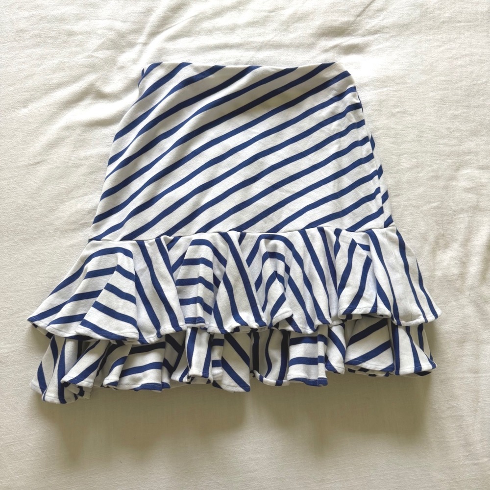 Y2K Ralph Lauren Sport XS Blue White Striped Ruffle Tiered Cotton Mini Skirt - Picture 5 of 8